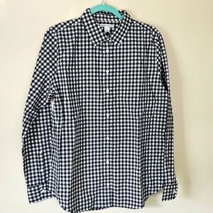 Gingham Black White Plaid 3/4 Sleeve Button Up Blouse Large